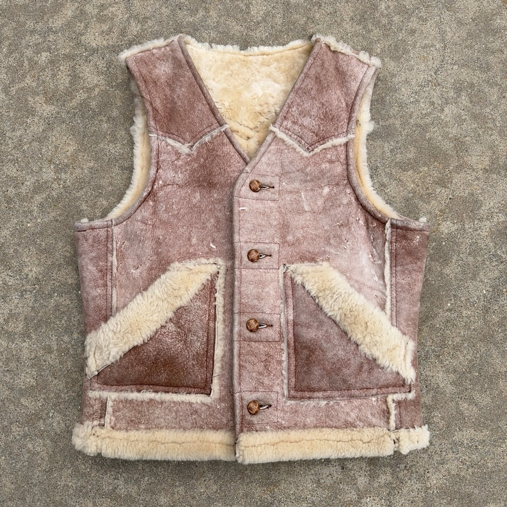 VTG 1980s Schott Vest Mouton Leather Shearling Sheepskin Brown Mens Size 42 USA